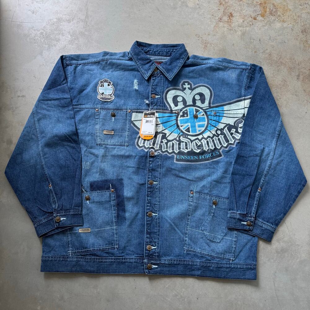 Vintage Y2K Adakemiks Hip Hop Urbanwear Retro Graphic Denim Jacket Size 4XL